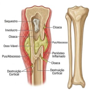 Imagem ilustrando uma tíbia com osteomielite.